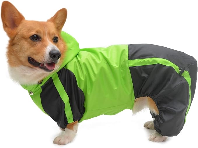 Lovelonglong Welsh Corgi Dog Hooded Raincoat, Dachshund Rain Jacket Poncho Waterproof Clothes with Hood Breathable 4 Feet Four Legs Rain Coats for Corgis Dachshund Green D-M