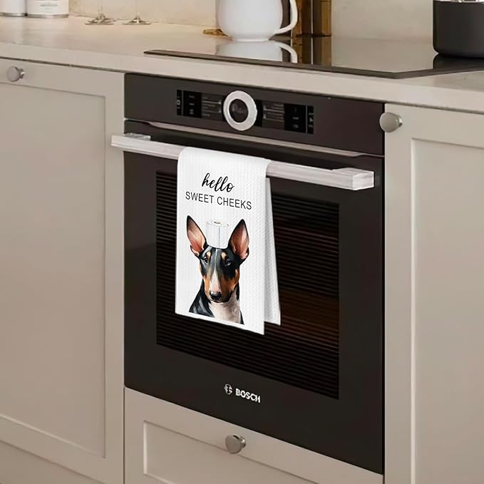 Bull Terrier Bathroom Decor - Funny Bull Terrier Gifts Waffle Decorative Hand Towels, Hello Sweet Cheeks Bathroom Decor, 16x24 Inches