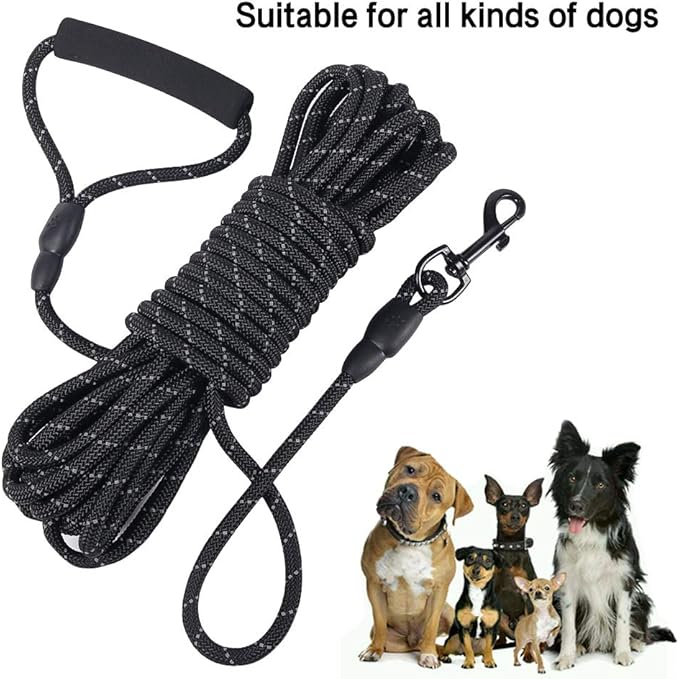 Vivifying Long Dog Leash, 32ft Reflective Dog Training Leash for Outside and Yard, Floating Long Line Lead with Soft Handle for Camping, Hiking, Swimming and Beach (Black)