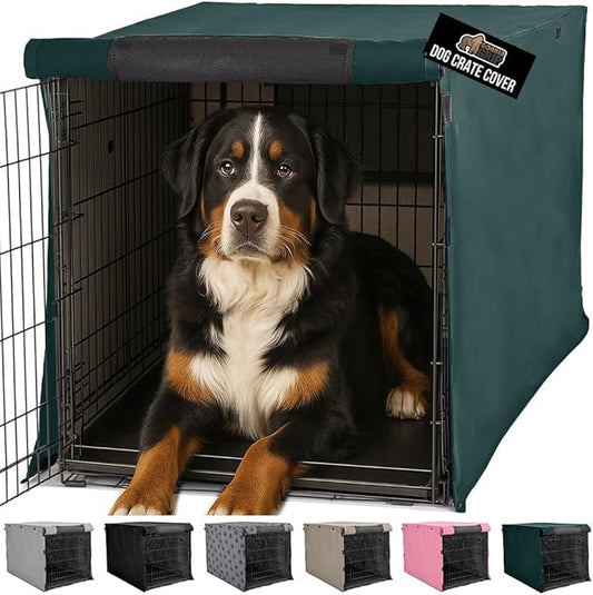 GORILLA GRIP Dog Crate Covers Compatible with Amazon Basics Dog Crates, All Sides Open, Privacy Cover Fits 48" Wire Kennel, Breathable Mesh Windows, Light Reducing Training Cage Topper, Hunter Green