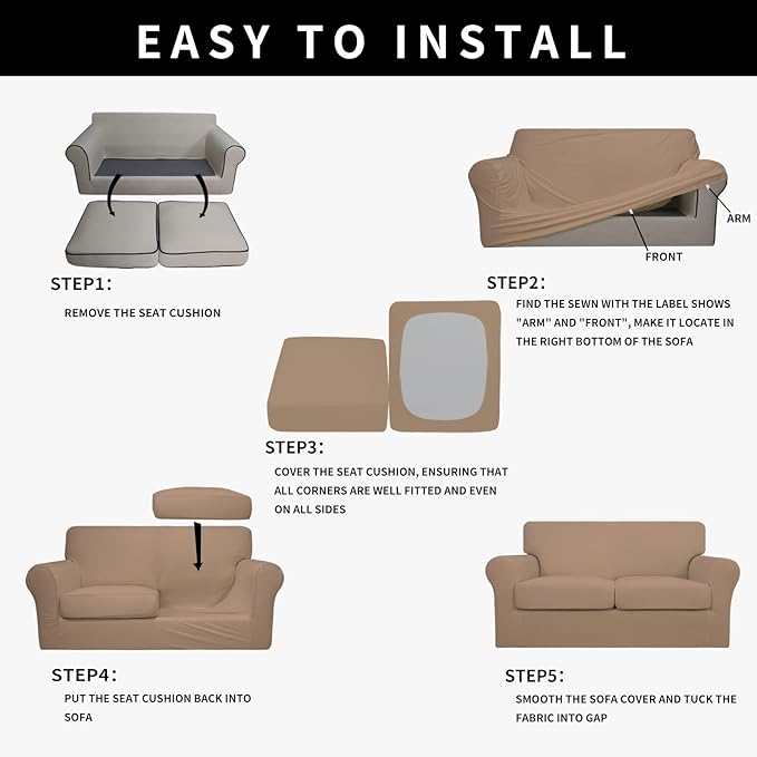 Easy-Going 100% Dual Waterproof 3 Pieces Loveseat Cover Stretch Soft Couch Cover for Dogs, Sofa Slipcover for 2 Separate Cushion Couch Leakproof Furniture Protector for Kids, Pets Camel