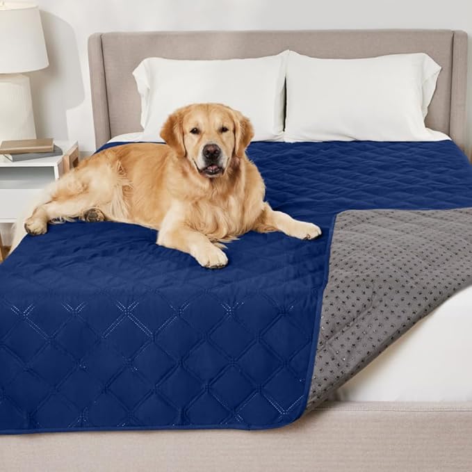 GORILLA GRIP Waterproof Bed Cover for Dogs, 82x82, Gripped Slip Resistant Backing, Leak Proof Washable Dog Blanket Covers Sofa, Couch, Sectional, Crate, Car, RV Seats, Pet Puppy Essentials, Navy Blue