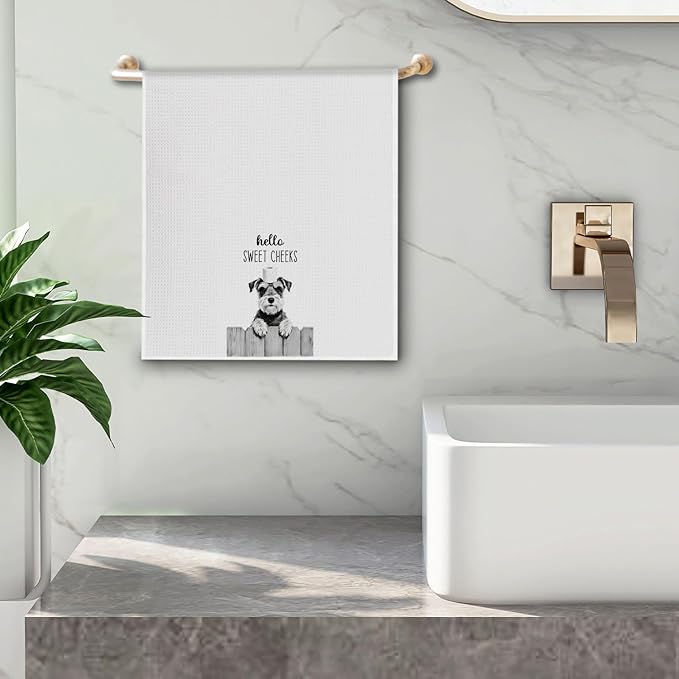 Farmhouse Funny Schnauzer Dog Hand Towels, Hello Sweet Cheeks Bathroom Decor, Schnauzer Lover Gifts Decorative Hand Towels for Bathroom Washroom Restroom, 16x24 Inch