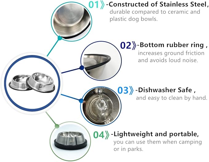 2 Pack Stainless Steel Dog Bowls with Rubber Bottom, Anti-Slip Heavy Duty Premium Quality Pets Feeder Bowls for Dogs and Cats and More (2Cup / 16oz)