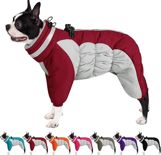 AOFITEE Fullbody Dog Coat Warm Fleece Dog Jacket, Windproof Dogs Winter Coat with Harness Built in, Reflective Turtleneck Dogs Snowsuit Puffer Jacket, Four Legged Pet Snow Suit, Christmas Red XS