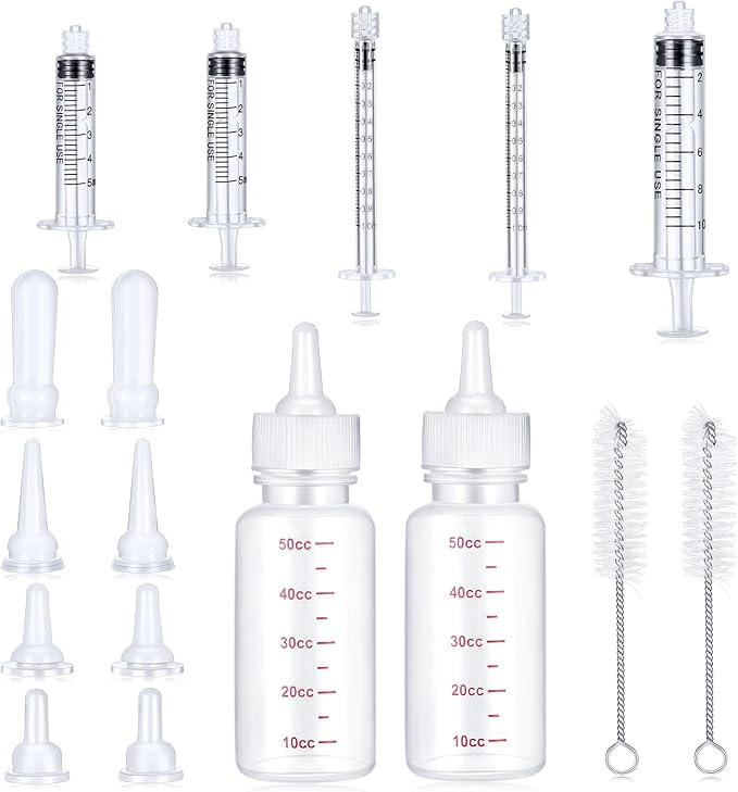 Sadnyy 17 Pcs Kitten Bottle Feeding Kit Puppy Bottles for Nursing Puppy Milk, Liquid Syringes in 1, 5 and 10 ml, Replacement Silicone Nipples, Cleaning Brushes for Newborn Pet Cat Dog Rabbit Goat