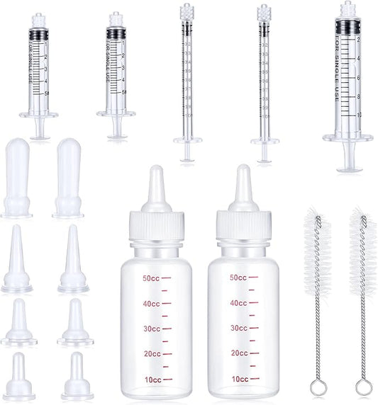 Sadnyy 17 Pcs Kitten Bottle Feeding Kit Puppy Bottles for Nursing Puppy Milk, Liquid Syringes in 1, 5 and 10 ml, Replacement Silicone Nipples, Cleaning Brushes for Newborn Pet Cat Dog Rabbit Goat