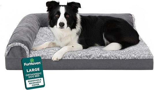 FurHaven Orthopedic Dog Bed for Large Dogs, L-Shaped Chaise Contour with Orthopedic Egg Crate & a Solid Orthopedic Foam Base for Joint Support, Washable Cover, Large, Faux Fur & Suede, Stone Gray