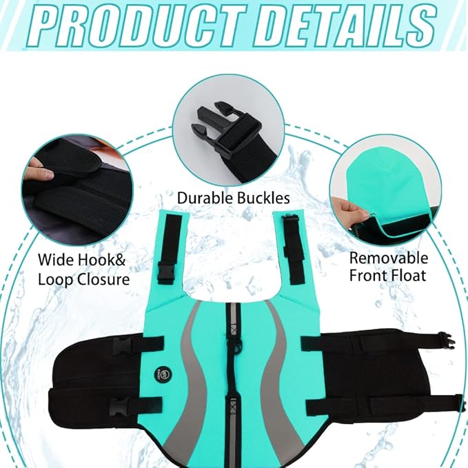 EMUST Dog Life Jacket, Ripstop Large Dog Life Vests Swimsuit for Boating/Swimming/Pool with Double Rescue Handles, Dogs Flotation Vest for Large Dogs, Turquoise,XXL