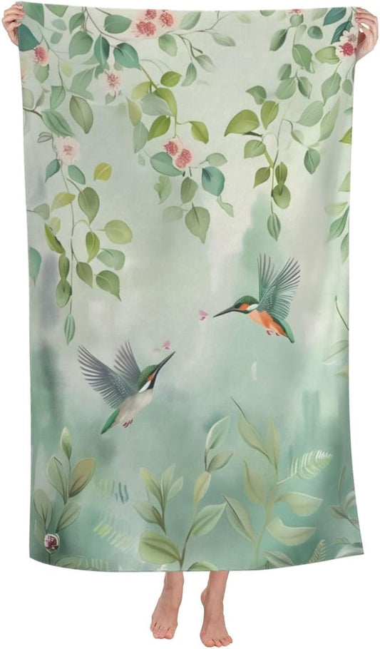 Floral Hummingbird Beach Towel 31inx51in, Bird Sand-Free Microfiber Bath Towel Ultra Soft Quick Dry Pool Towel Absorbent Towel Lightweight Towel for Swimming Bathroom Decor