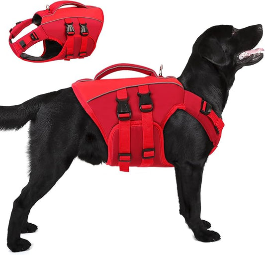 Queenmore Dog Life Jacket,Life Vest for Extra Large Dogs,Adjustable Reflective Dog Swimming Vest,Superior Buoyancy Dog Lifesaver,High Floating Pet Life Vest for Swimming(Red,2XL)