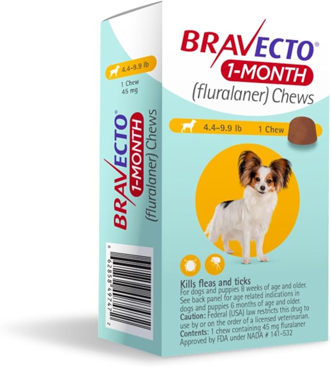BRAVECTO 1-Month Flea & Tick Chew for Puppies, 1 Chew, 1 Month Supply, 4.4-9.9 lbs., Yellow Box