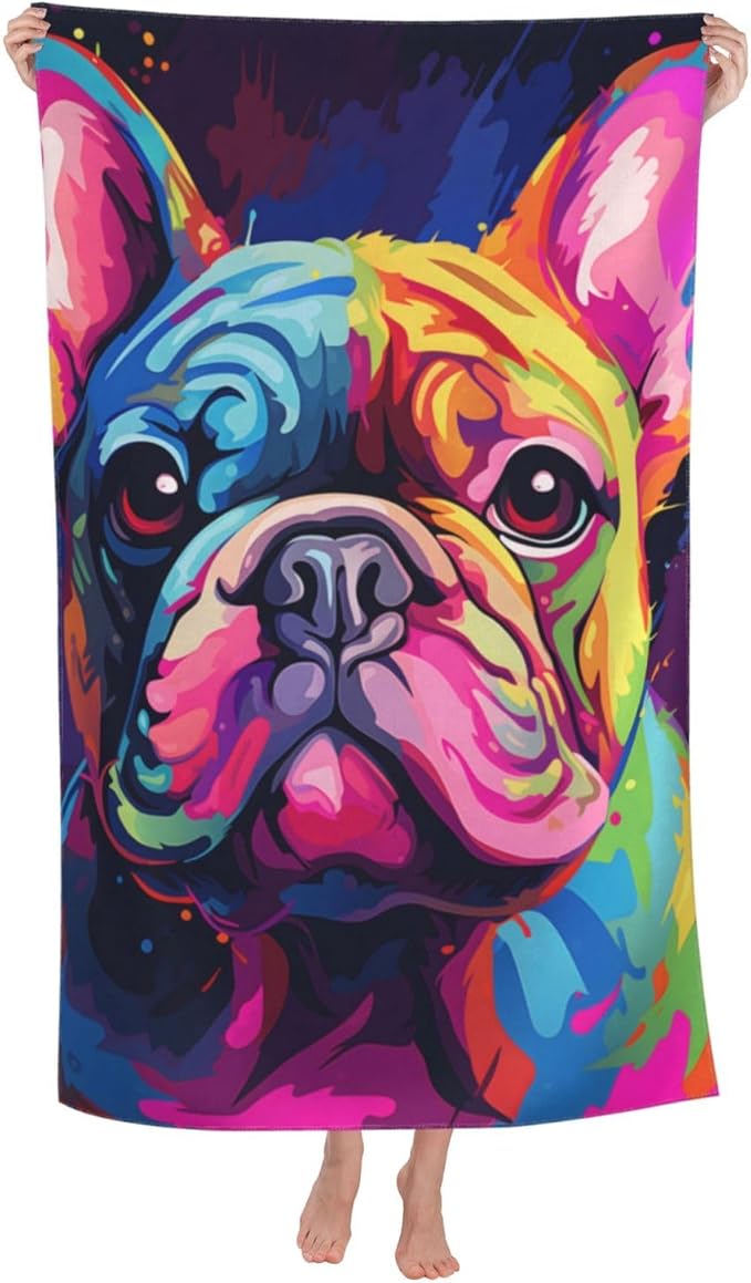 Colorful Pug Beach Towel Dog Sand-Free Microfiber Bath Towel Ultra Soft Quick Dry Pool Towel Absorbent Towel Lightweight Towel for Outdoor Bathroom Swimming Decor 31inx51in
