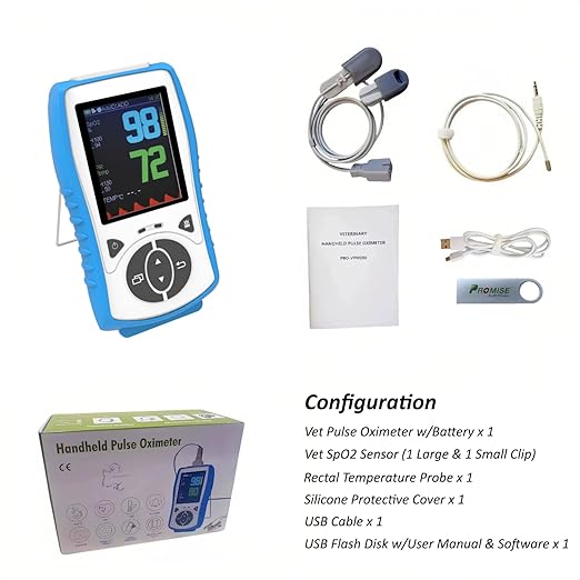 Vet Handheld Monitor with 2.8" LCD, Pet Vital Signs Monitor for SpO2 / Heart Rate/TEMP, Rechargeable Battery - Veterinary Use for Dogs, Cats, Horses etc.