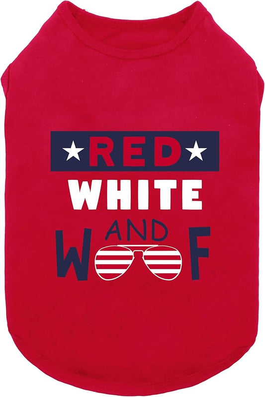 Fitwarm Patriotic Red White and Woof Dog Shirt, 4th of July Dog Clothes for Small Dogs Boy Girl, Funny Doggy Summer Clothes, Pet Outfit, Red, Blue, White, Small