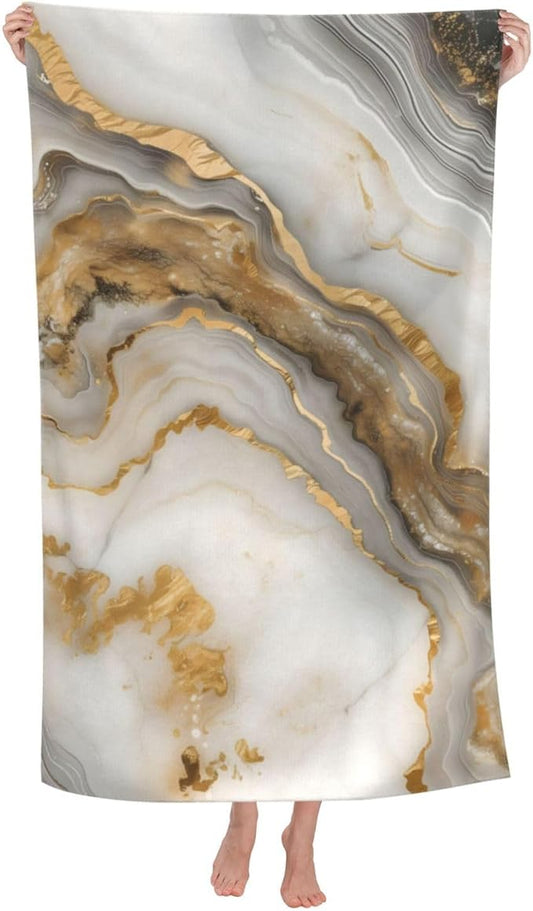 Gold Marble Beach Towel - Art Style - 32inx52in - 100% Cotton - Quick Dry - Absorbent - Lightweight - Sand-Free - Perfect for Beach, Pool & Bath