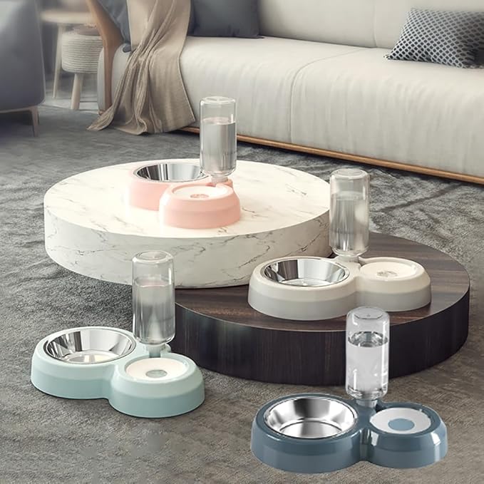 Dog Bowls, Puppy Cat Food and Water Bowl Set with Water Dispenser and Stainless Steel Bowl Non-Slip Mat, Detachable Gravity Pet Feeder and Waterer Set for Cats Dogs Puppy Rabbit (Grey)
