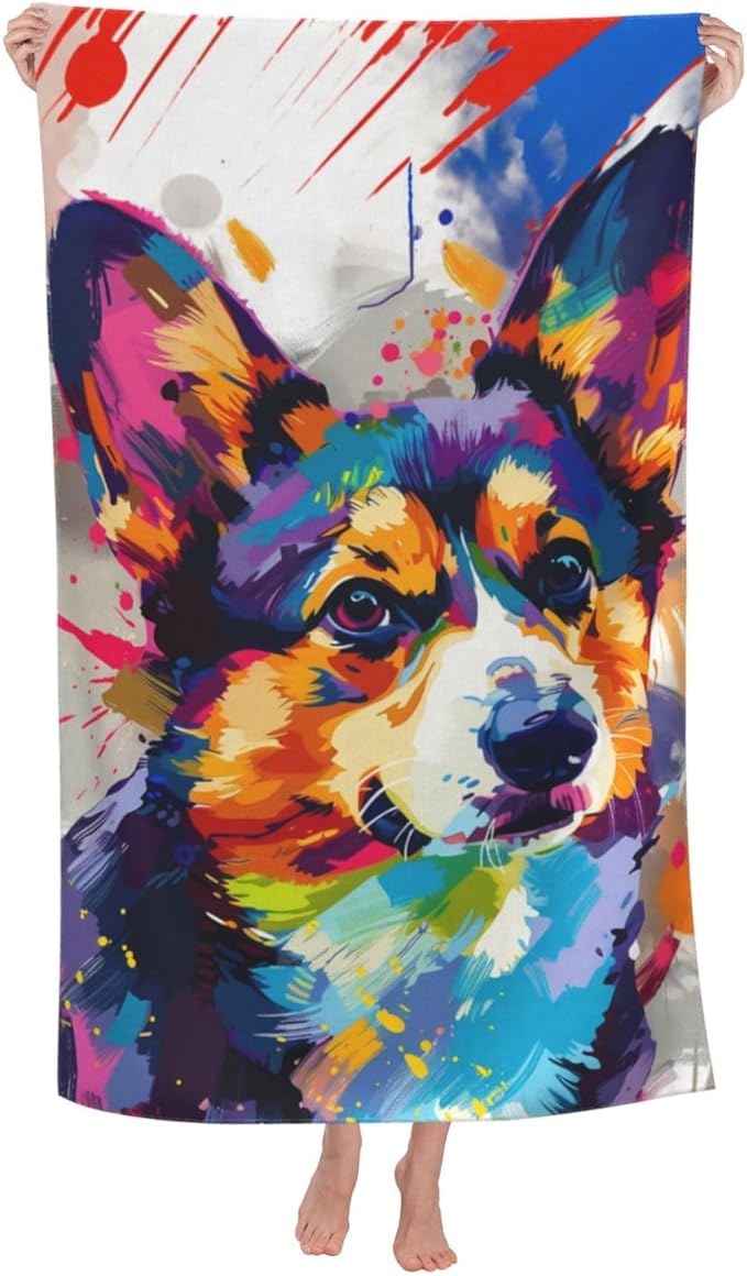 Colorful Corgi Beach Towel,32x52in Microfiber Quick Dry Vibrant Dog Abstract Pet Puppy Bath Towels,Soft Lightweight Oversized Sand Free,for Travel Pool Swimming Gym Decor,Gifts
