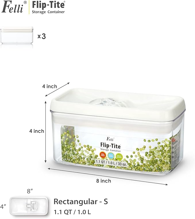 Felli Flip Tite Airtight Storange Container for Pantry Kitchen (White, 4", Rectangular 1.1qt 3pk)