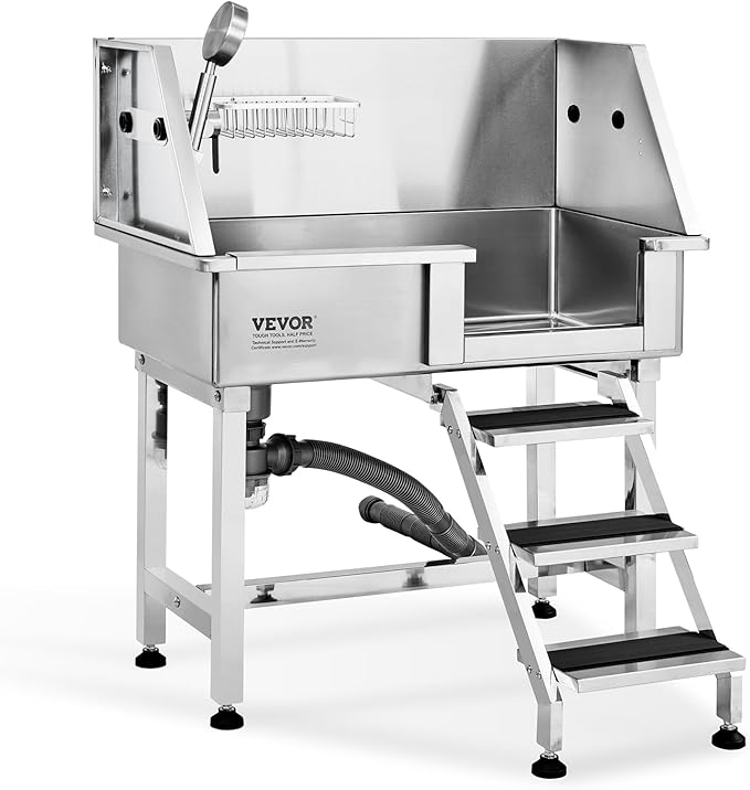 VEVOR 34" Dog Wash Station with Ramp, Durable Stainless Steel Pet Bathing Tub, Includes Storage Drawer, Faucet & Accessories, Suitable for Large to Small Dogs, Home Use Washing Basin (Right)