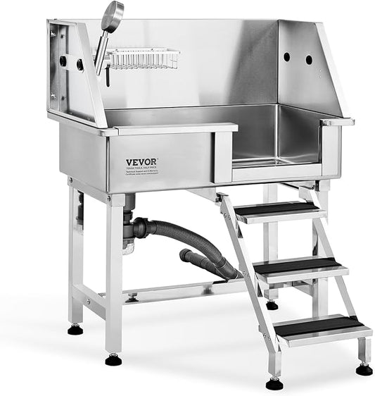 VEVOR 34" Dog Wash Station with Ramp, Durable Stainless Steel Pet Bathing Tub, Includes Storage Drawer, Faucet & Accessories, Suitable for Large to Small Dogs, Home Use Washing Basin (Right)