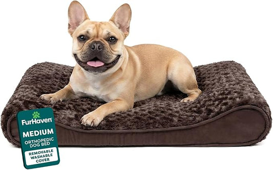 Furhaven Orthopedic Dog Bed for Medium/Small Dogs w/ Removable Washable Cover, For Dogs Up to 23 lbs - Ultra Plush Faux Fur & Suede Luxe Lounger Contour Mattress - Chocolate, Medium