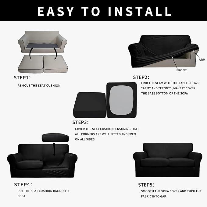 Easy-Going 100% Dual Waterproof 3 Pieces Oversized Loveseat Cover Stretch Soft Couch Cover for Dogs, Sofa Slipcover for 2 Separate Cushion Couch Leakproof Furniture Protector for Kids, Pets Black