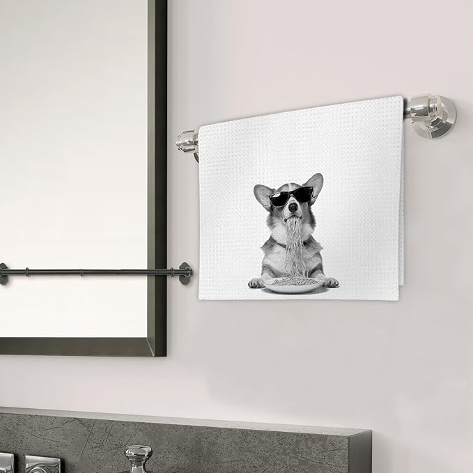 Corgi Gifts Funny Dog Kitchen Towels Set of 2, Funny Dog Eating Pasta with Fruit Bowl Decorative Hand Dish Towel for Kitchen Home Bar, Gifts for Corgi DogLovers Owners Home Decor(16x24Inch)