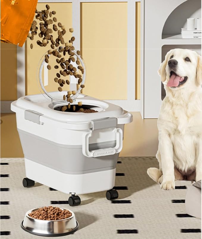 Airtight Dog Food Storage Container, Collapsible Pet Food Container with Casters, Scoop and Cup - Keeps Up to 20 Lbs and Large Capacity