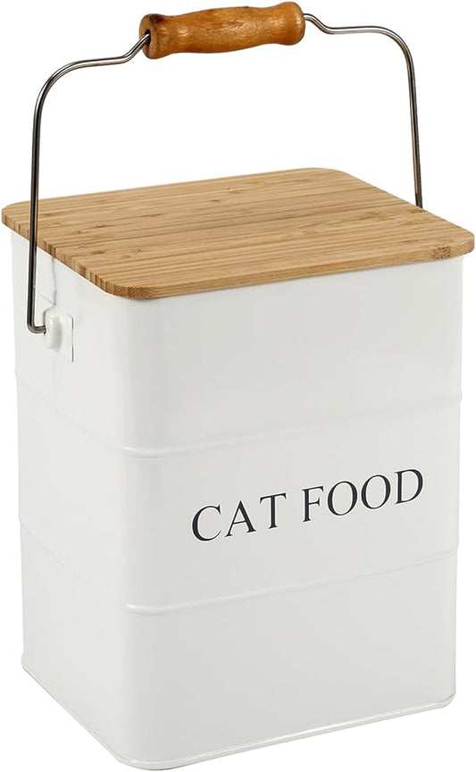 Morezi Cat Food Storage Container Storage bin with Wooden lid Scoop Included White Metal cat Food Container in Kitchen countertop