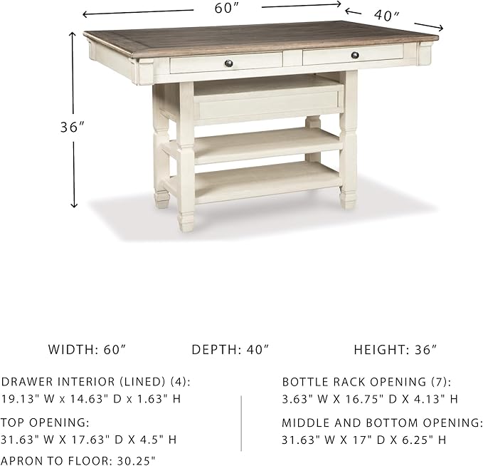 Signature Design by Ashley Bolanburg Rectangular Counter Dining Room Table, 4 Drawers, Seats 6, Storage Rack, Wood, 60" W x 40" D x 36" H, White & Brown