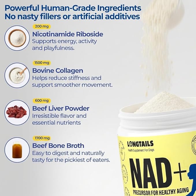 NAD+ Precursor Senior Dog Supplements & Vitamins Powder – Cognitive, Heart & Muscle Support – Senior Dog Multivitamin Powder Alternative with NR, Collagen, Bone Broth & Beef Liver