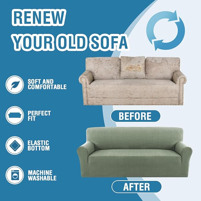 H.VERSAILTEX Stretch Sofa Slipcovers Soft Sofa Covers Washable 1 Piece Jacquard Sofa Covers with Crizzle Pattern Furniture Protector 3 Seater Sofa with Elastic Bottom for Kids,Dog(Sofa, Sea Grass)