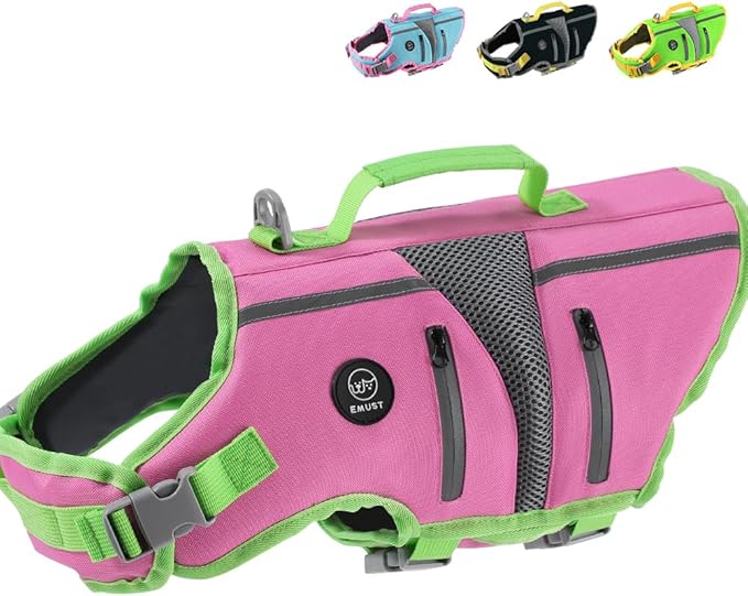 EMUST Dog Life Jacket,Dog Life Vest for Swimming,Small Dog Swim Vest,Lightweigth Adjustable Reflective Puppy Pet Float Life Preserver Vest,Pink,S