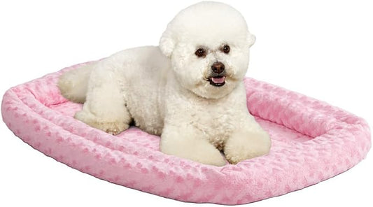 MidWest Homes for Pets Small QuietTime Double Bolster Pet Bed, Pink Plush 24-Inch Crate Mat with Stacked Bolsters, Machine Washable, Secure Fit with Elastic Straps
