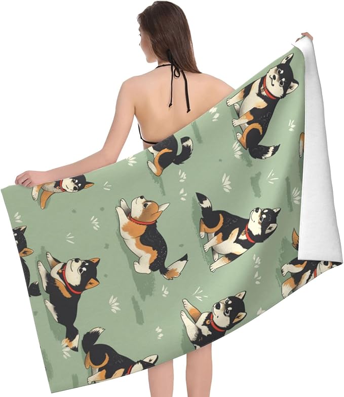 Cute Shiba Inu Beach Towel,32x52in Microfiber Quick Dry Cartoon Dog Puppy Green Bath Towels,Soft Lightweight Oversized Sand Free,for Travel Pool Swimming Gym Decor,Gifts