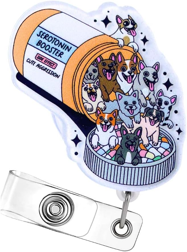 Dog Badge Reel Funny Cute Dogs Mom Retractable ID Clip Holder Pill Pharmacy Technician Animals Vet Veterinary Med Corgi Shepherd Golden Retriever Puppy Medical Nurse Office Supplies Work Gifts