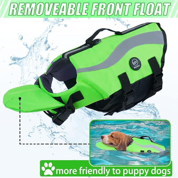EMUST Dog Life Vests, Adjustable Life Jackets for Small Dogs with Enhanced Buoyancy, Small Dog Swim Vest with Durable Rescue Handle, Green,XS