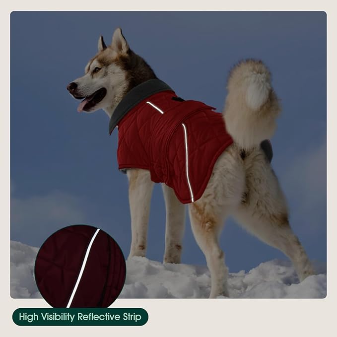 Kuoser Extra Warm Dog Coat, Windproof Cold Weather Dog Jackets for Large Dogs, Thick Fleece Lining Pet Turtleneck Snowsuit Reflective Adjustable Puppy Winter Coat Doggie Snow Jacket Red, XL