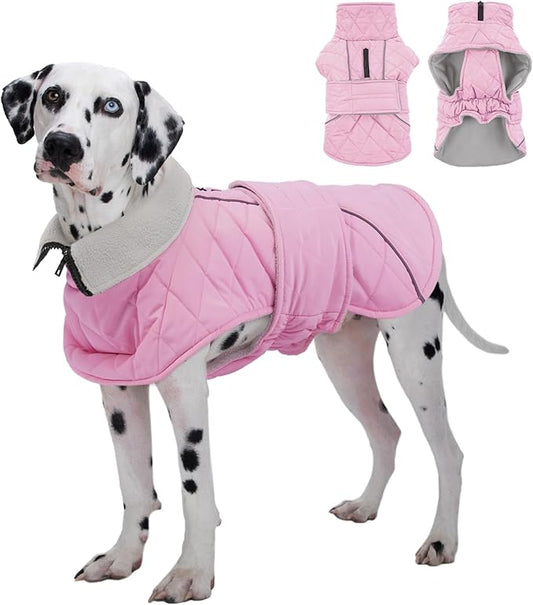 Kuoser Dog Coat, Super-Warm Dog Jacket Windproof Pet Cold Weather Coats for Extra Large Dogs, Fleece Lining Quilted Turtleneck Puppy Snowsuit Reflective Adjustable Doggie Winter Clothes, Pink, 3XL