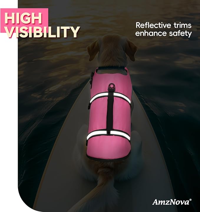 AMZNOVA Rip Stop Dog Life Jacket, Dog Life Vest for Swimming & Boating, Lightweight & Buoyancy for Doggy Puppy, Lifejacket with Handle, L, Pink