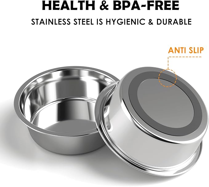 Dog Bowls, 2 Stainless Steel Dog Bowl with Mat, Dog Bowls with Nonslip EVA Rubber Bottom Ring, Food & Water Bowl for Dogs, Cats, A Variety of Sizes are Available, Dishwasher Safe