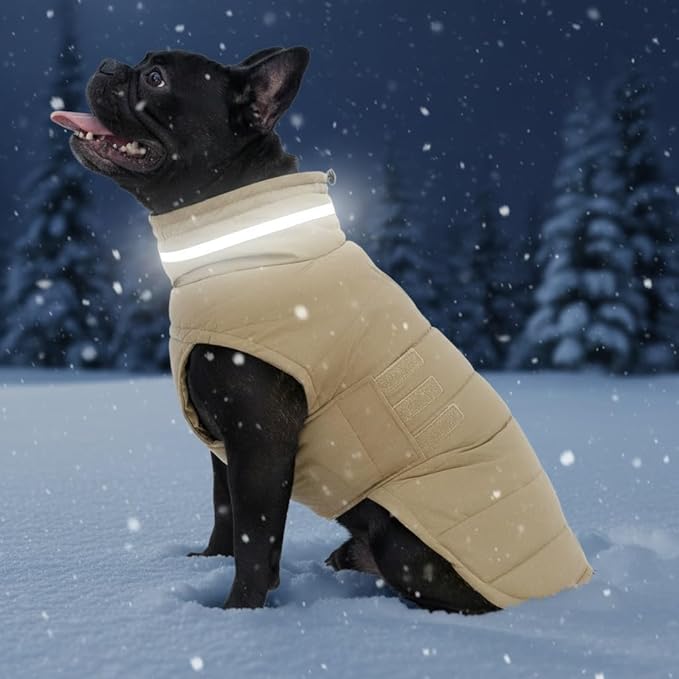 Mklhgty Waterproof Dog Coat for Large Dogs, Warm Dog Winter Jacket, Reflective Windproof Turtleneck Coats with Adjustable Hook & Loop - Khaki - XL