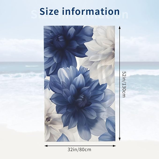 Blue Floral Beach Towel Dahlia Flower Sand-Free Microfiber Bath Towel Ultra Soft Quick Dry Pool Towel Absorbent Towel Lightweight Towel Gifts for Outdoor Bathroom Swimming Decor 31inx51in