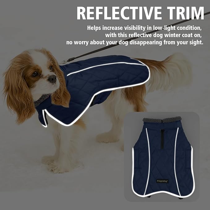 Fragralley Dog Coat Large, Waterproof Dog Jacket with Warm Fleece Lining, Adjustable Reflective Dogs Winter Coat, Turtleneck Pet Coats for Cold Weather (Blue L)