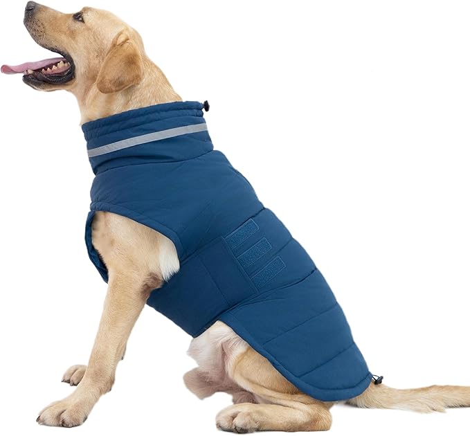 Mklhgty Waterproof Dog Coat for Medium Dogs, Warm Dog Winter Jacket, Reflective Windproof Turtleneck Dog Cold Weather Coats with Adjustable Hook & Loop - Blue - M