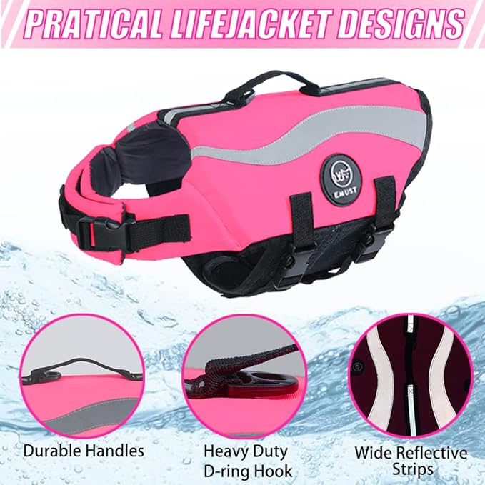 EMUST Dog Flotation Vest, Reflective Life Jacket for Small Dogs with Rescue Handle, Small Dog Vests Lifesaver for Swimming Boating Water with Front Neck Float, Pink,S