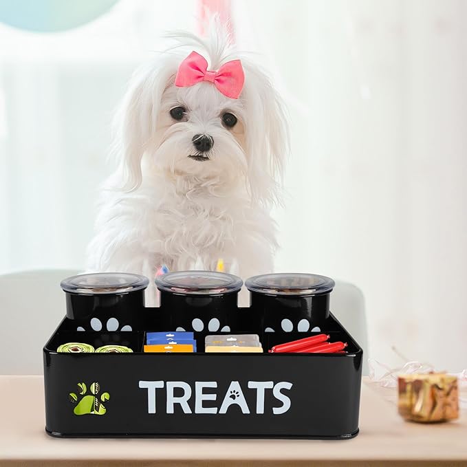 3-Compartment Dog Treat Container with Lids-Airtight 28oz Food Storage Containers for Pets & Snacks, Coated Galvanized Steel Countertop Canister, Kitchen Pantry Organization System-White (Black)