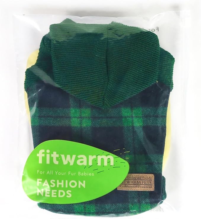 Fitwarm Tartan Plaid Dog Hoodie, Knitted Dog Clothes for Small Dogs Boy, Pet Sweater with Hood, Cat Winter Outfit, Green, Medium