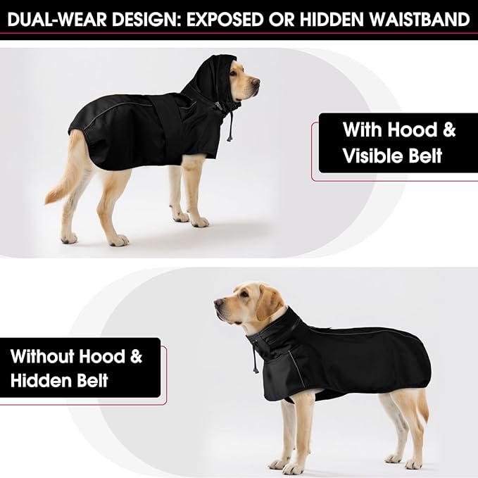 Dog Raincoats for Large Dogs with Hood, Waterproof Dog Rain Jacket with Leash Hole, Reflect Strips, Ideal for Rain, Snow, Windy Weather & Outdoor Walks, Camping, Hiking- Black XXXL
